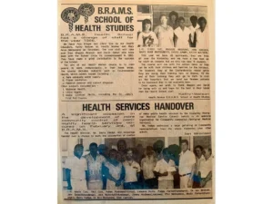 Archival 1986 newspaper clipping titled BRAMS School of Health Studies, featuring 'Health Services Handover'.